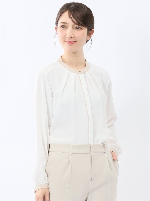 バンドカラー配色 比翼 長袖ブラウス