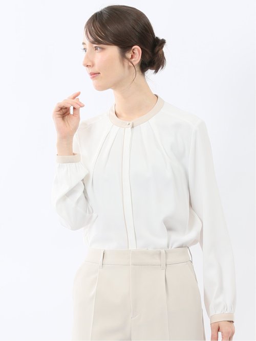 バンドカラー配色 比翼 長袖ブラウス