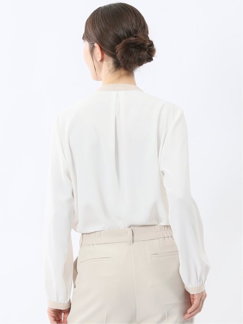 バンドカラー配色 比翼 長袖ブラウス