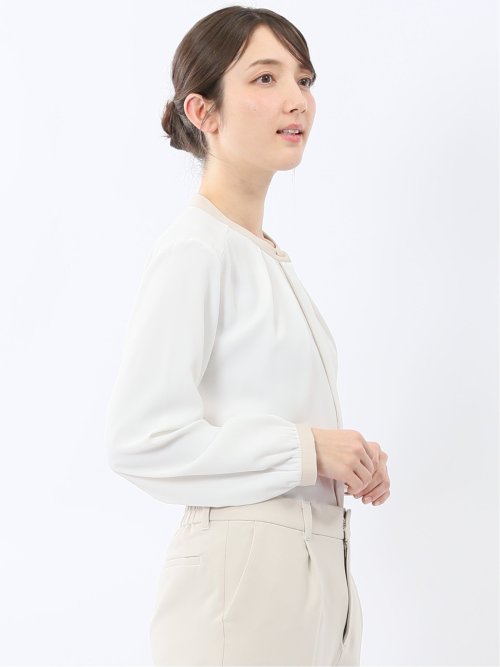 バンドカラー配色 比翼 長袖ブラウス