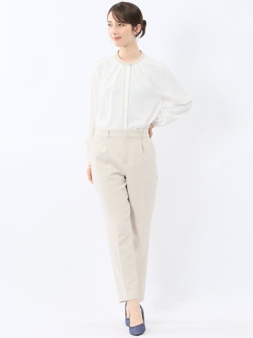 バンドカラー配色 比翼 長袖ブラウス