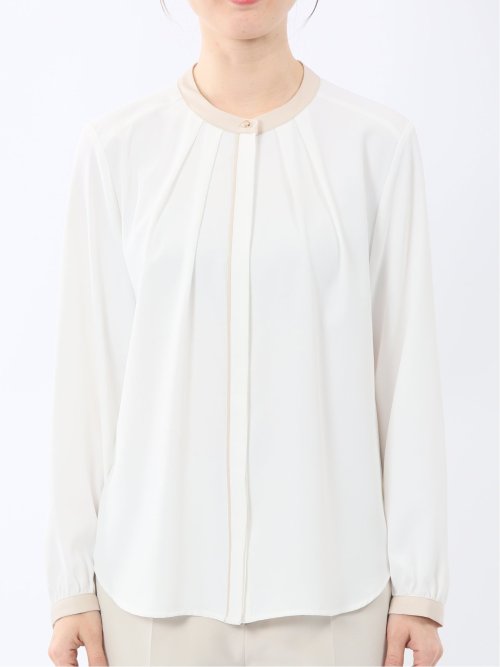 バンドカラー配色 比翼 長袖ブラウス