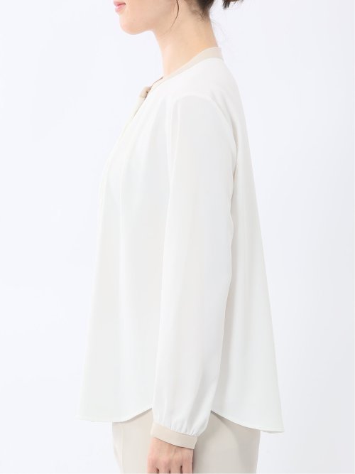 バンドカラー配色 比翼 長袖ブラウス