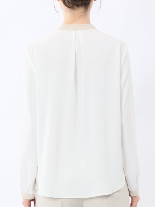 バンドカラー配色 比翼 長袖ブラウス