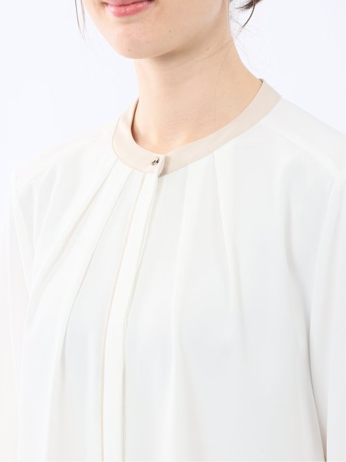 バンドカラー配色 比翼 長袖ブラウス