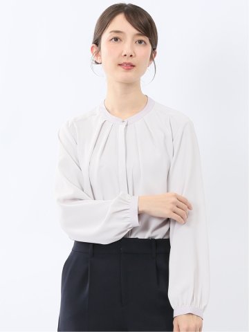 バンドカラー配色 比翼 長袖ブラウス