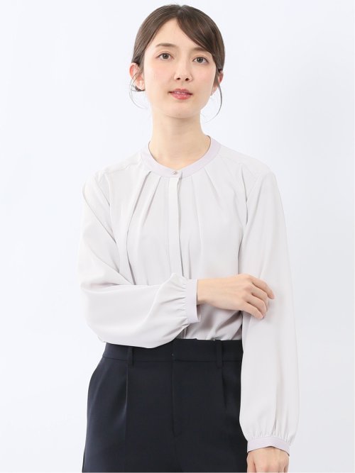 バンドカラー配色 比翼 長袖ブラウス