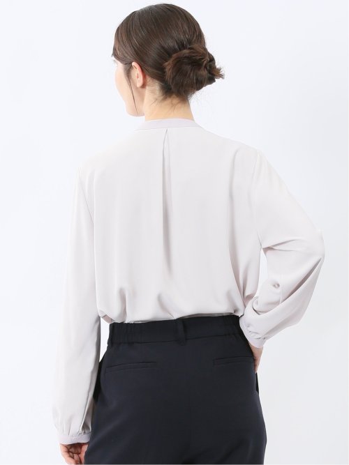 バンドカラー配色 比翼 長袖ブラウス