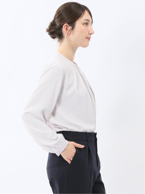 バンドカラー配色 比翼 長袖ブラウス