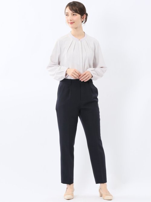 バンドカラー配色 比翼 長袖ブラウス