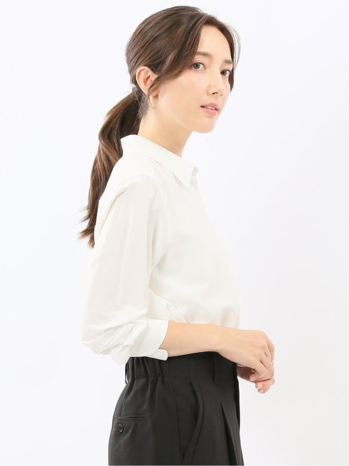 レーヨン混 レギュラーカラー 比翼長袖ブラウス