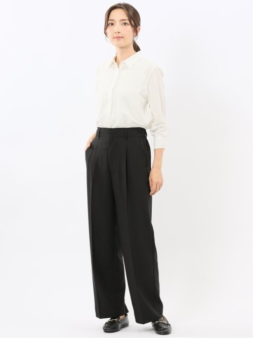 レーヨン混 レギュラーカラー 比翼長袖ブラウス