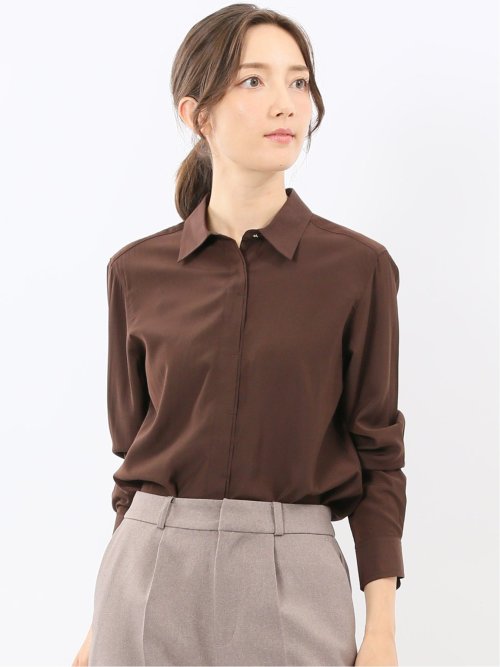 レーヨン混 レギュラーカラー 比翼長袖ブラウス