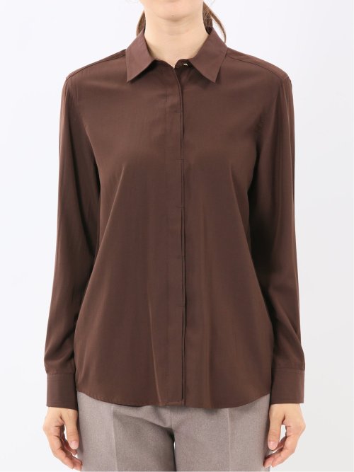 レーヨン混 レギュラーカラー 比翼長袖ブラウス