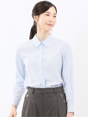 レーヨン混 レギュラーカラー 比翼長袖ブラウス