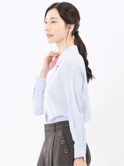 レーヨン混 レギュラーカラー 比翼長袖ブラウス