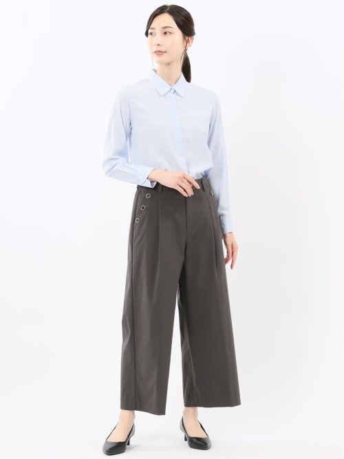 レーヨン混 レギュラーカラー 比翼長袖ブラウス