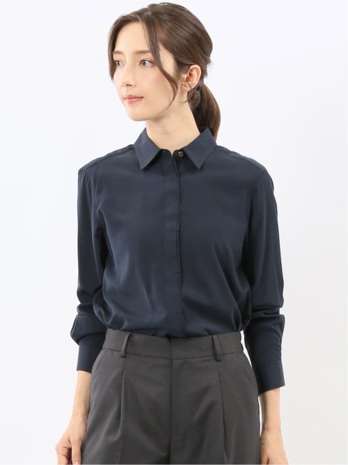 レーヨン混 レギュラーカラー 比翼長袖ブラウス