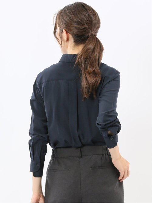 レーヨン混 レギュラーカラー 比翼長袖ブラウス