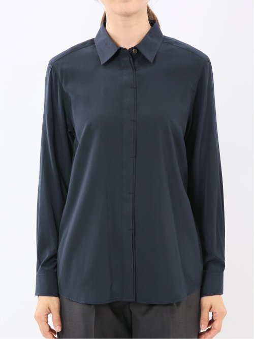 レーヨン混 レギュラーカラー 比翼長袖ブラウス