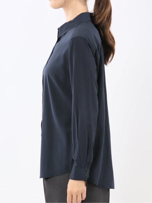 レーヨン混 レギュラーカラー 比翼長袖ブラウス