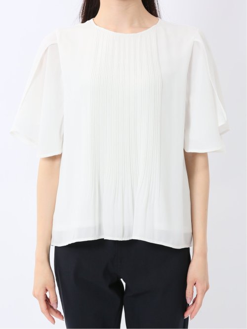 消しプリーツ 半袖プルオーバーブラウス