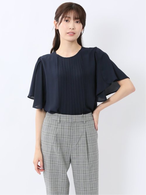 消しプリーツ 半袖プルオーバーブラウス