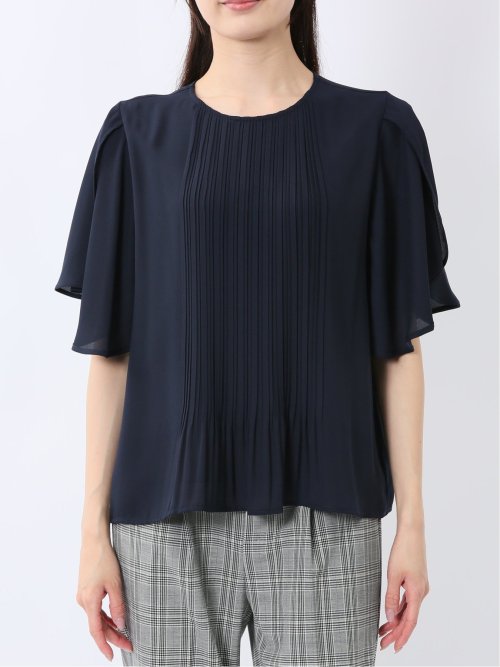 消しプリーツ 半袖プルオーバーブラウス