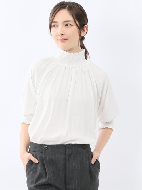 ビンテージサテン シャーリング ハイネック プルオーバー ブラウス(M