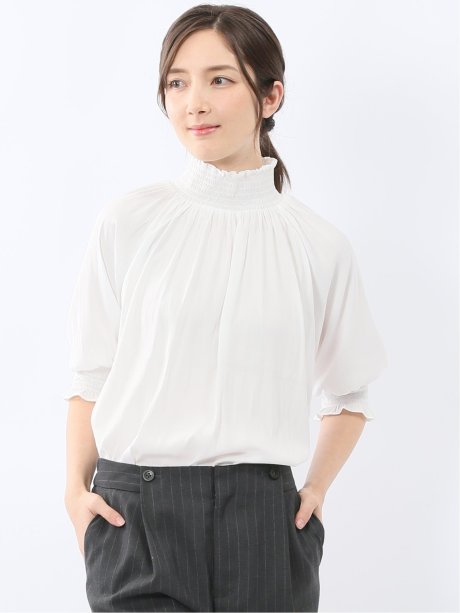 ビンテージサテン シャーリング ハイネック プルオーバー ブラウス