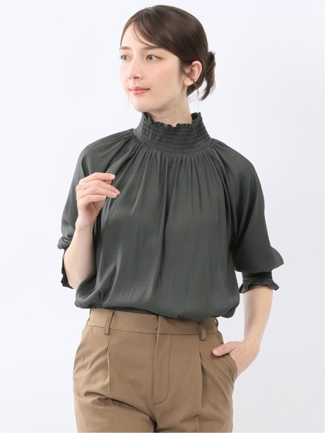 ビンテージサテン シャーリング ハイネック プルオーバー ブラウス