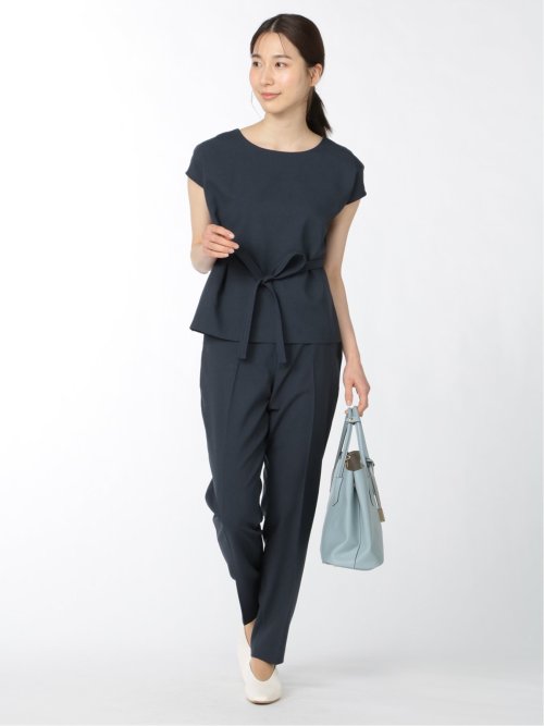 綿麻ライク プルオーバーブラウス 紺(セットアップ可能)