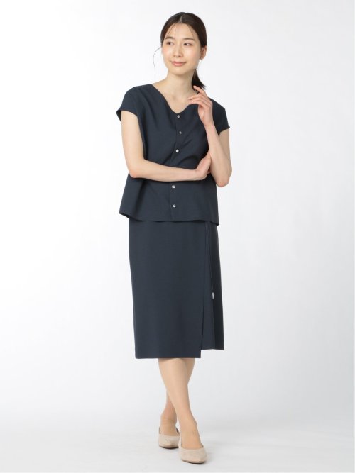 綿麻ライク プルオーバーブラウス 紺(セットアップ可能)