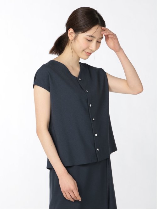 綿麻ライク プルオーバーブラウス 紺(セットアップ可能)