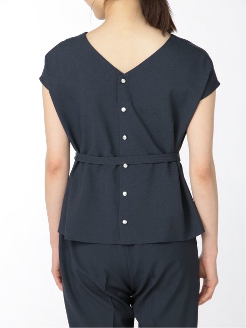 綿麻ライク プルオーバーブラウス 紺(セットアップ可能)