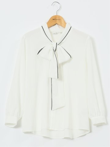 ストレッチ 配色ボウタイ 長袖ブラウス