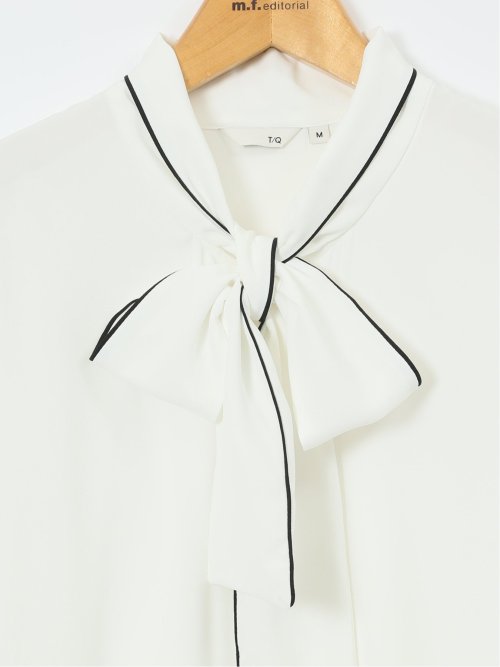 ストレッチ 配色ボウタイ 長袖ブラウス