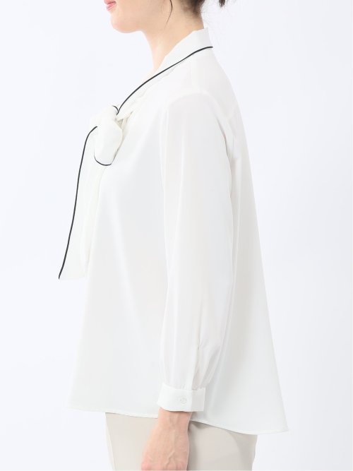 ストレッチ 配色ボウタイ 長袖ブラウス