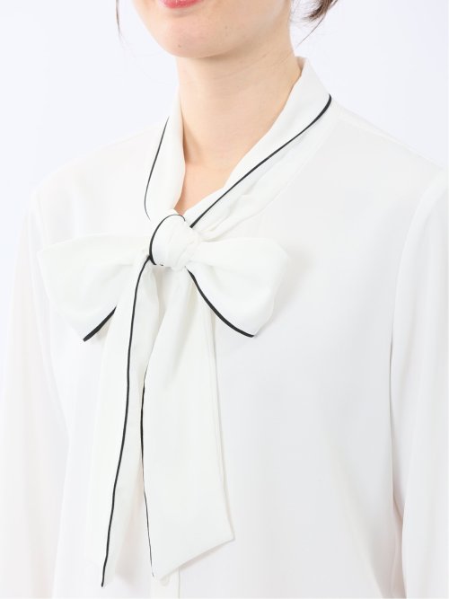 ストレッチ 配色ボウタイ 長袖ブラウス