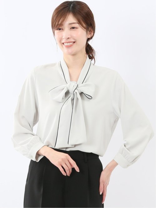ストレッチ 配色ボウタイ 長袖ブラウス(M 73サックス): ワイシャツ