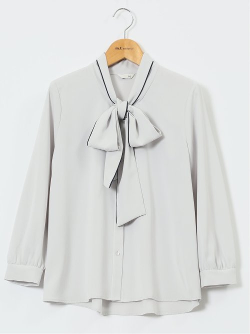 ストレッチ 配色ボウタイ 長袖ブラウス