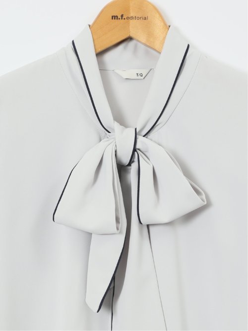 ストレッチ 配色ボウタイ 長袖ブラウス