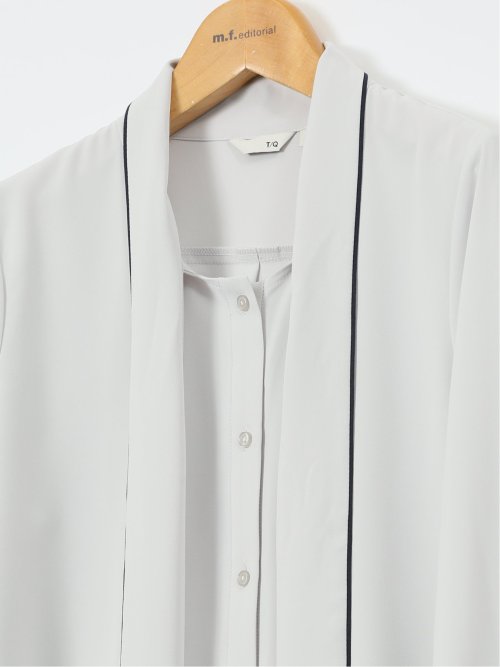 ストレッチ 配色ボウタイ 長袖ブラウス