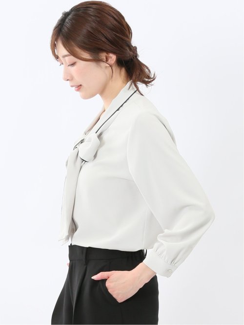 ストレッチ 配色ボウタイ 長袖ブラウス