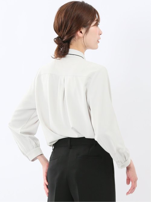 ストレッチ 配色ボウタイ 長袖ブラウス