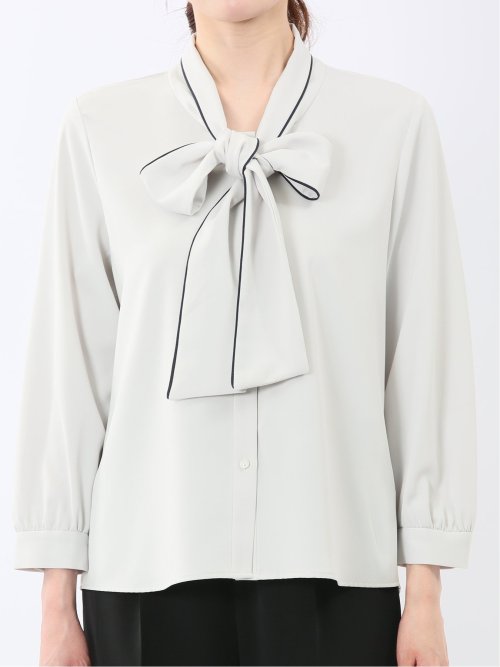 ストレッチ 配色ボウタイ 長袖ブラウス