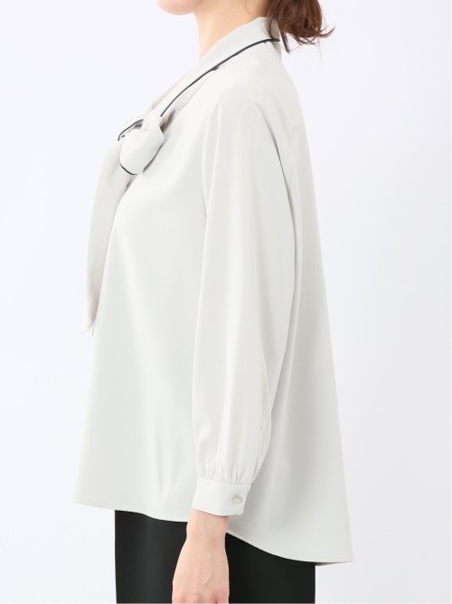 ストレッチ 配色ボウタイ 長袖ブラウス