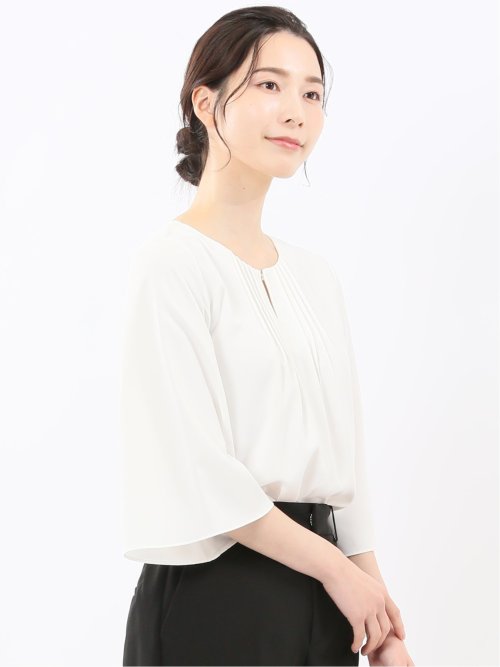 ピンタック 7分袖プルオーバーブラウス