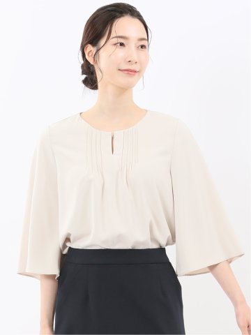 ピンタック 7分袖プルオーバーブラウス