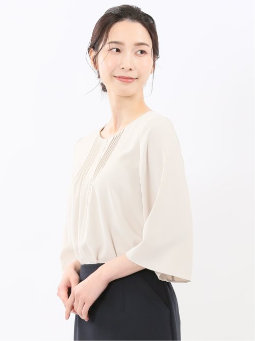 ピンタック 7分袖プルオーバーブラウス